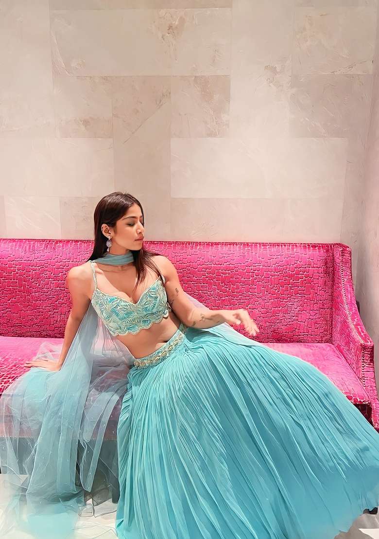 Turquoise Embroidery Georgette Lehenga Set for Diwali and Festive Wear - Indya