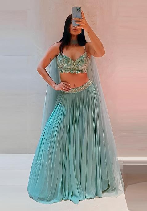Turquoise Embroidery Georgette Lehenga Set