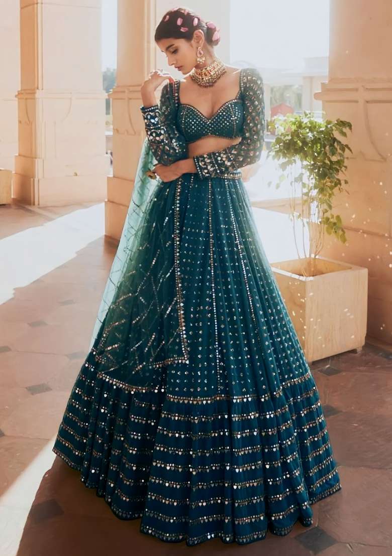 Teal Blue Georgette Lehenga Set with Embroidery for Diwali | Wedding & Festive Wear - Indya