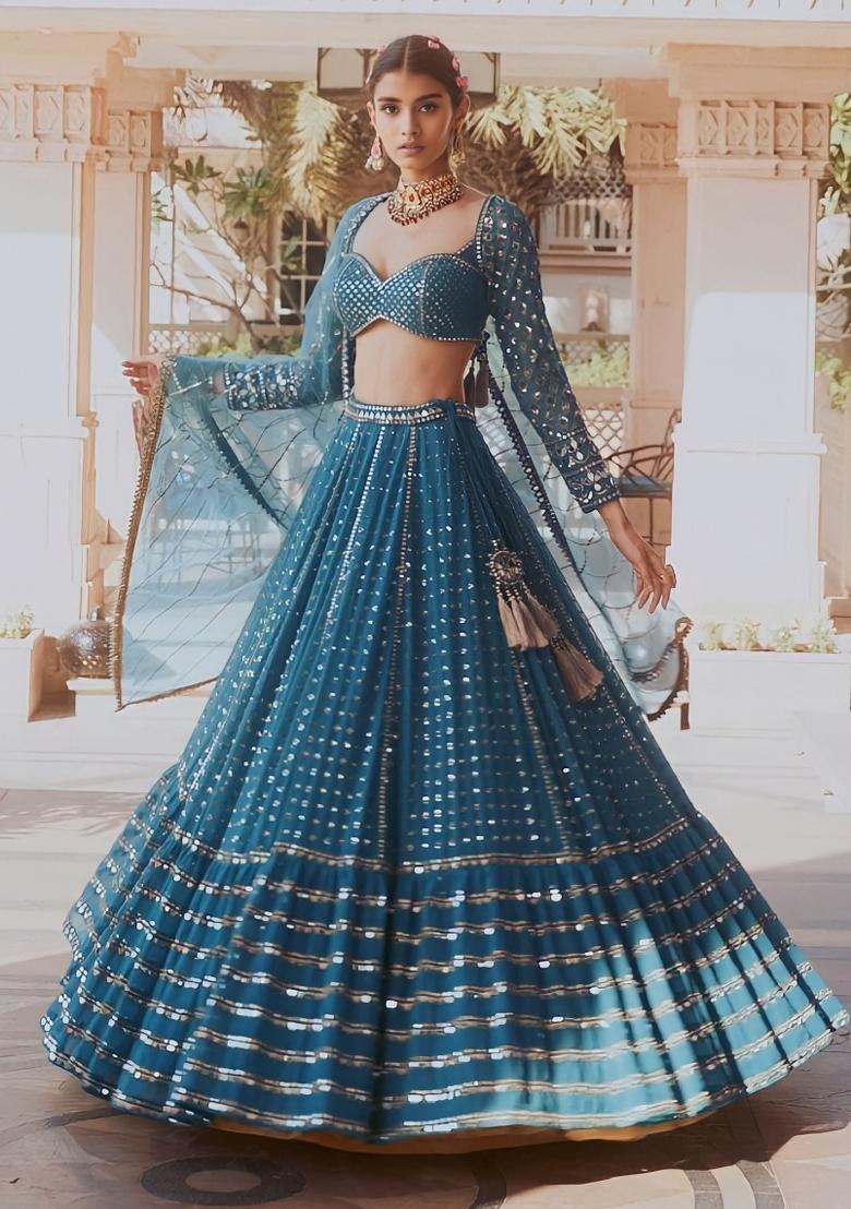 Teal Blue Embroidery Georgette Lehenga Set - Indya
