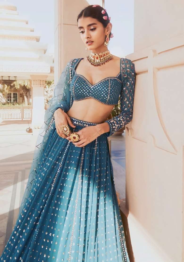 Teal Blue Georgette Lehenga Set with Embroidery for Diwali | Wedding & Festive Wear - Indya
