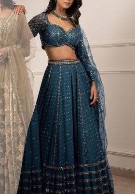 Teal Blue Embroidery Georgette Lehenga Set