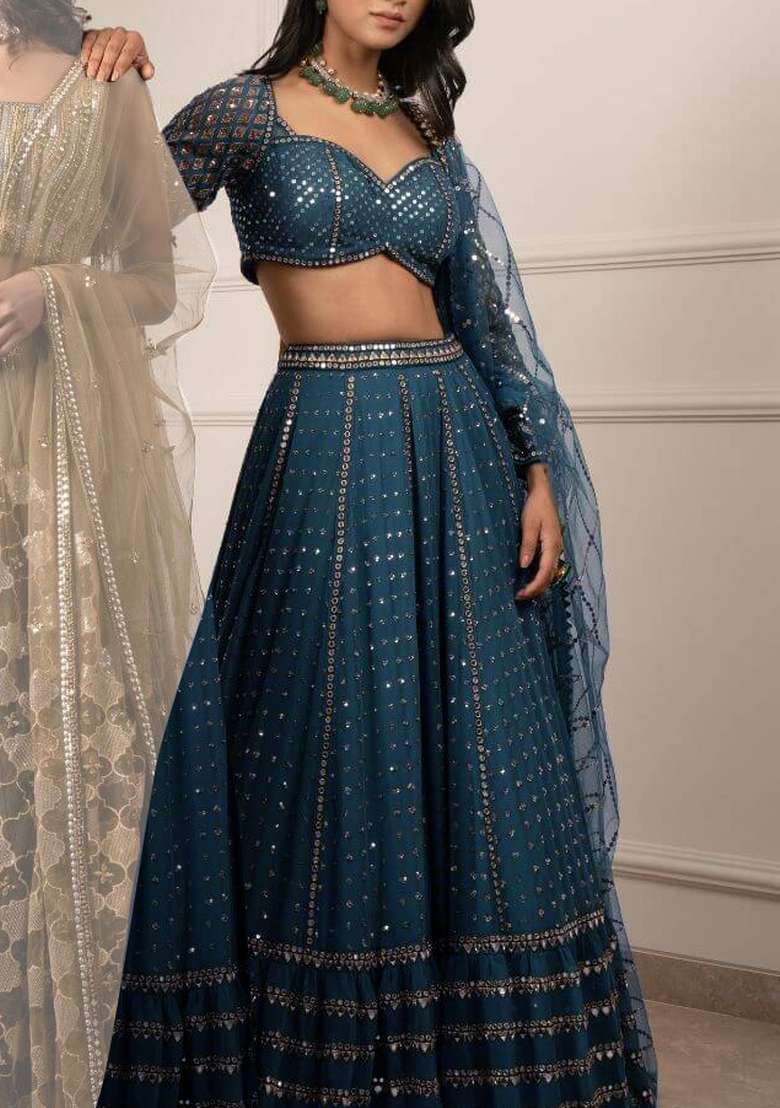 Teal Blue Embroidery Georgette Lehenga Set for Diwali and Festive Wear - Indya