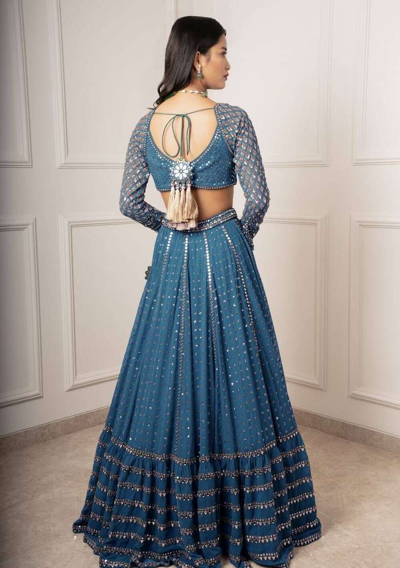 Teal Blue Embroidery Georgette Lehenga Set for Diwali and Festive Wear - Indya