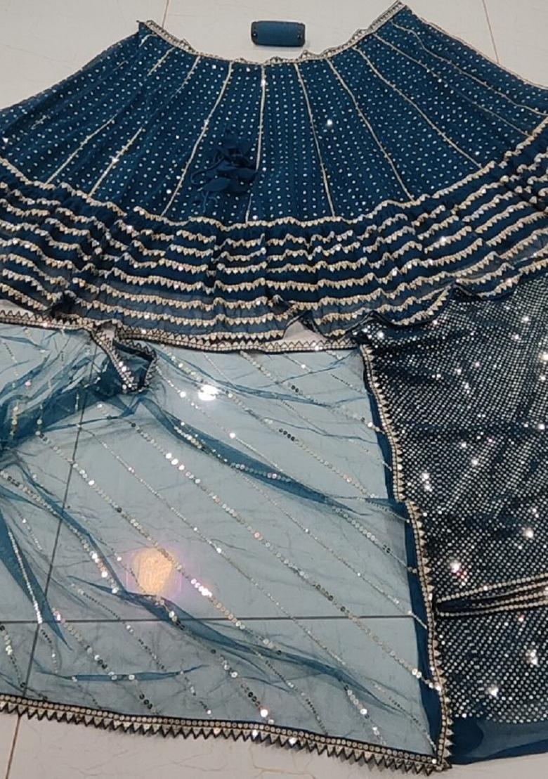 Teal Blue Embroidery Georgette Lehenga Set - Indya