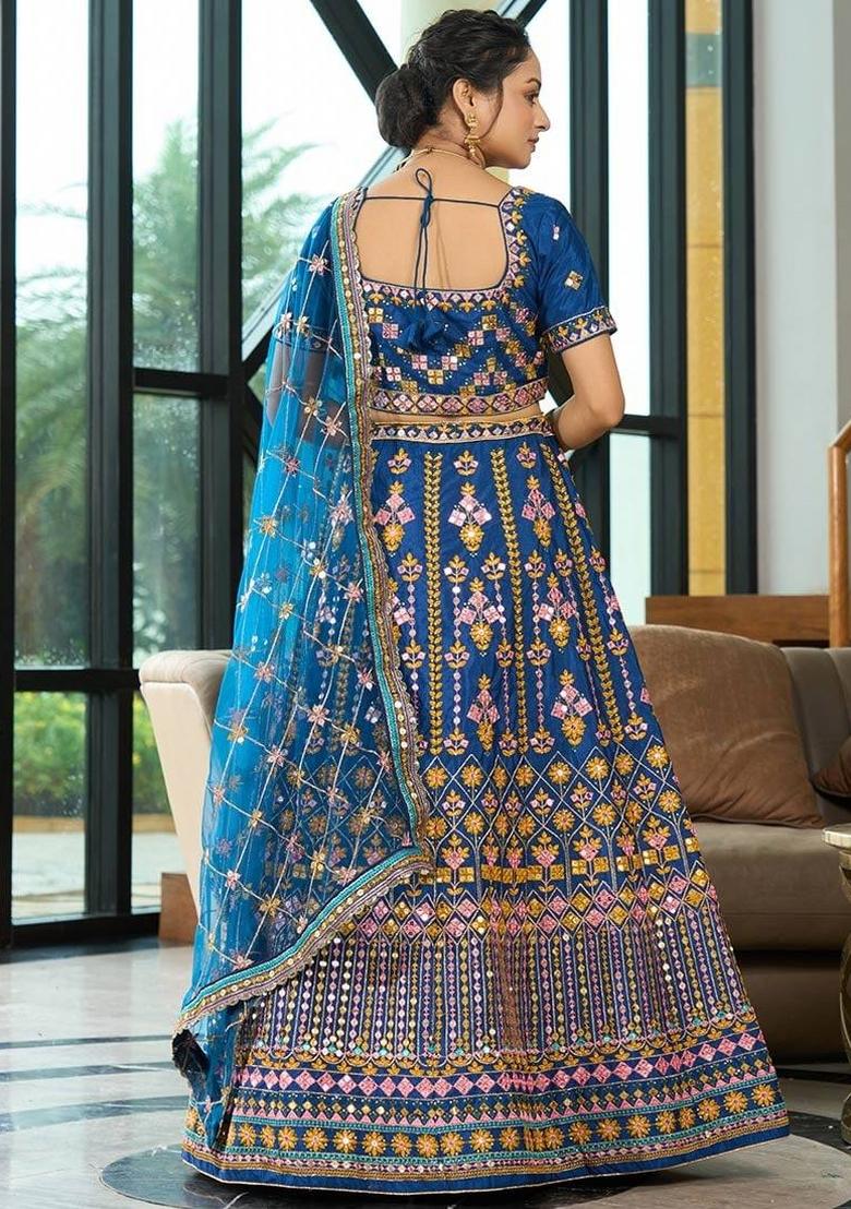 Blue Embroidery Chinon Lehenga Set - Indya