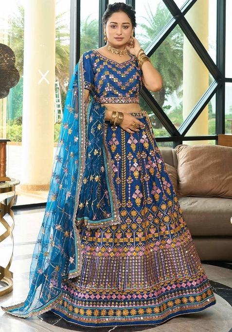 Blue Embroidery Chinon Lehenga Set