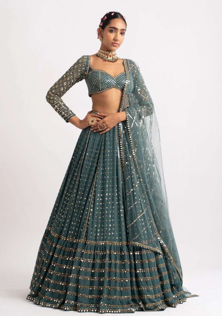 Bottle Green Embroidery Georgette Lehenga Set for Diwali and Festive Wear - Indya