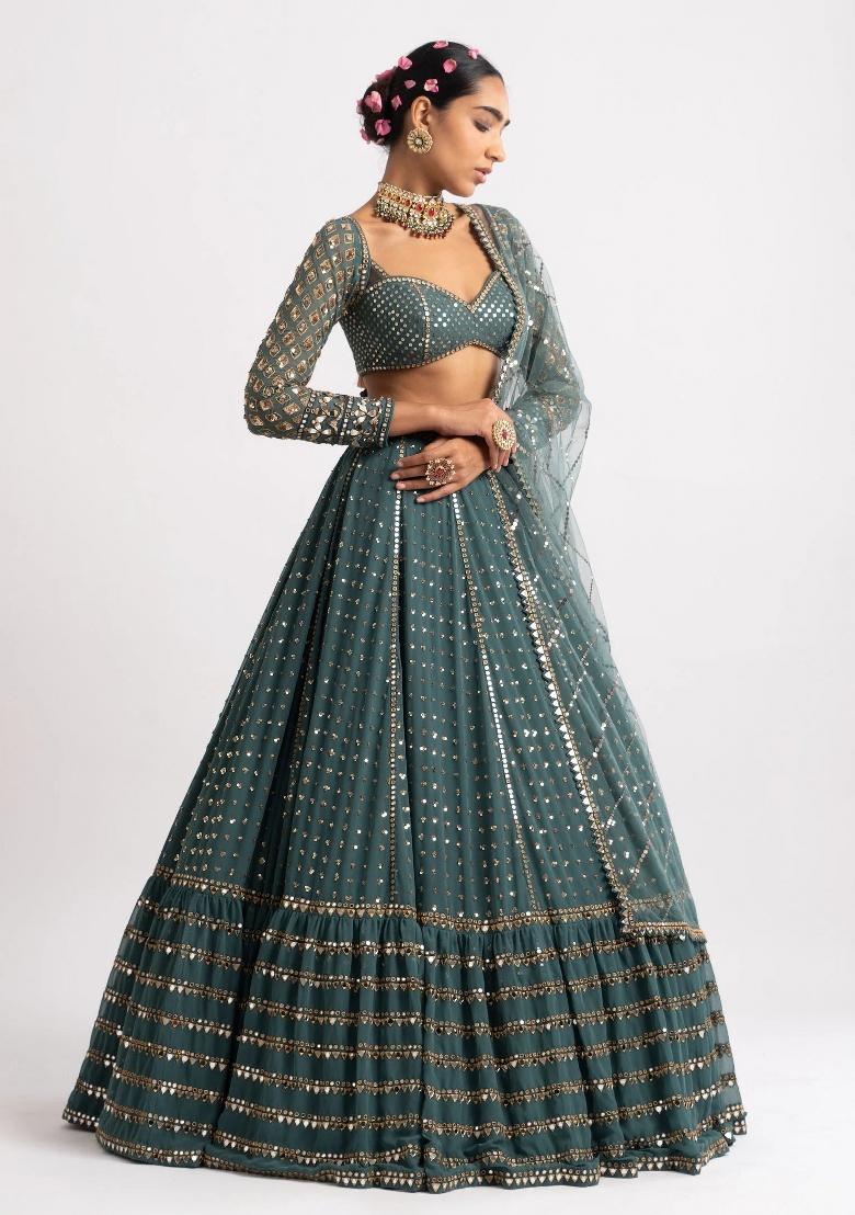 Bottle Green Embroidery Georgette Lehenga Set - Indya