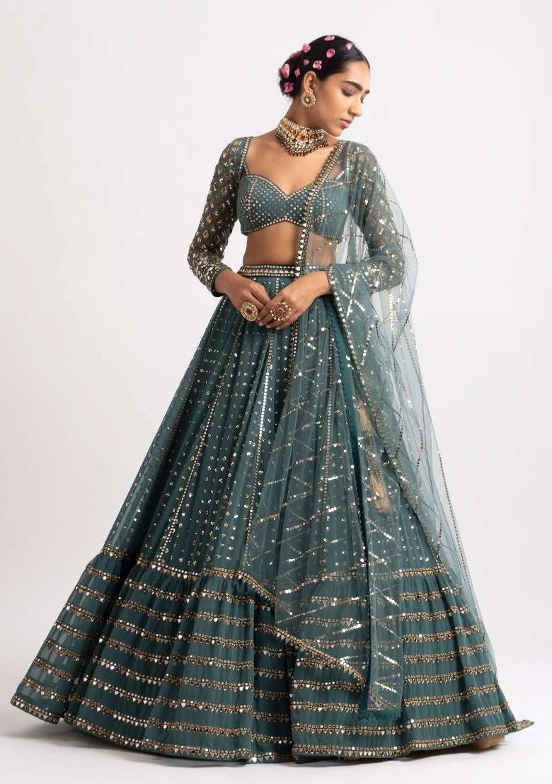 Bottle Green Embroidery Georgette Lehenga Set for Diwali and Festive Wear - Indya
