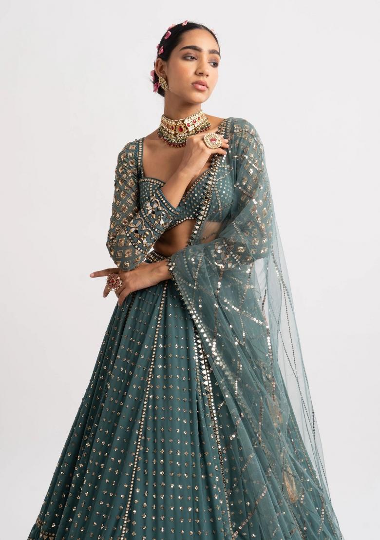 Bottle Green Embroidery Georgette Lehenga Set - Indya