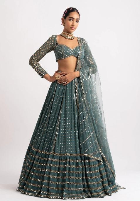 Bottle Green Embroidery Georgette Lehenga Set