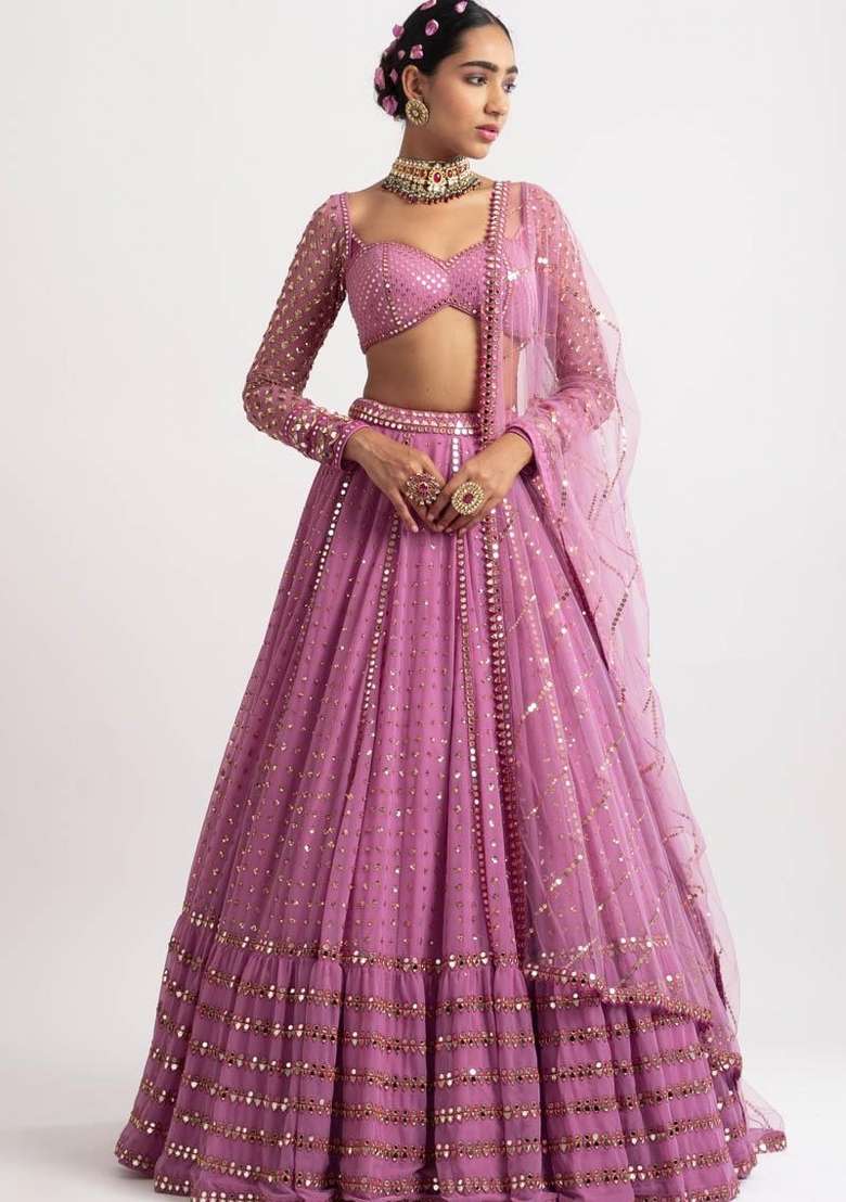 Baby Pink Embroidery Georgette Lehenga Set for Diwali and Festive Wear - Indya