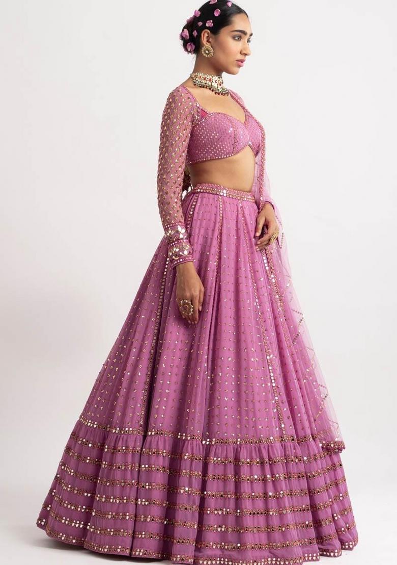 Baby Pink Embroidery Georgette Lehenga Set - Indya