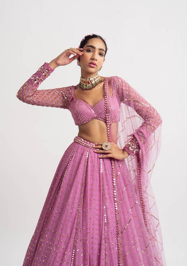 Baby Pink Embroidery Georgette Lehenga Set - Indya