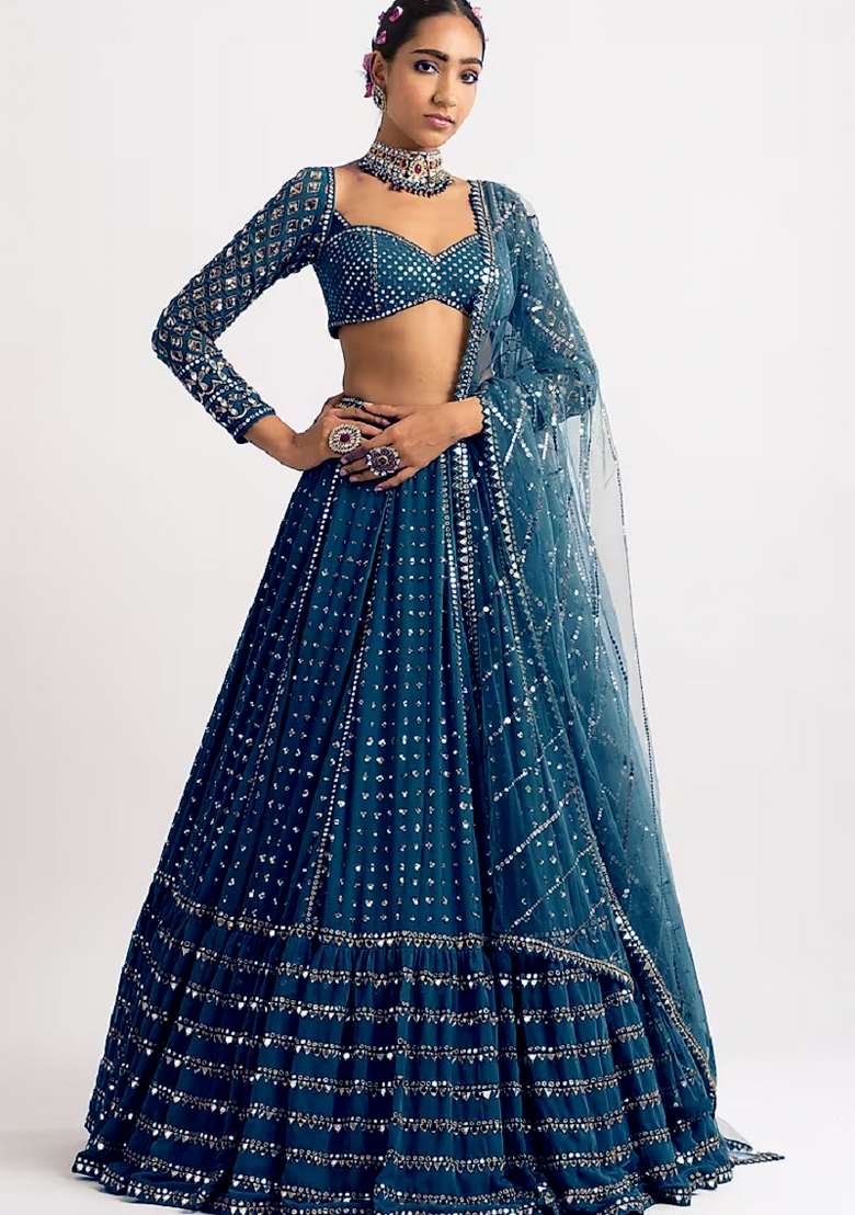 Teal Blue Embroidery Georgette Lehenga Set for Diwali and Festive Wear - Indya