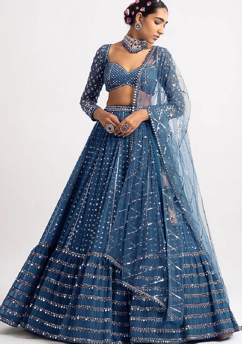Teal Blue Embroidery Georgette Lehenga Set - Indya