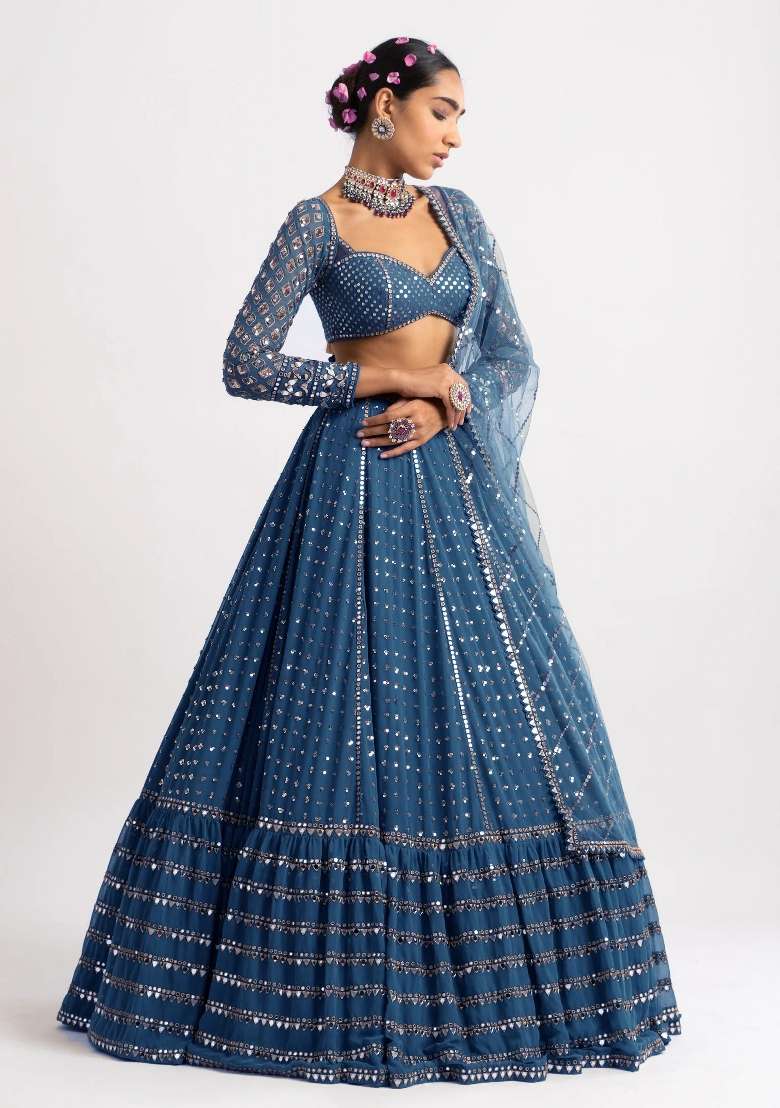 Teal Blue Embroidery Georgette Lehenga Set for Diwali and Festive Wear - Indya