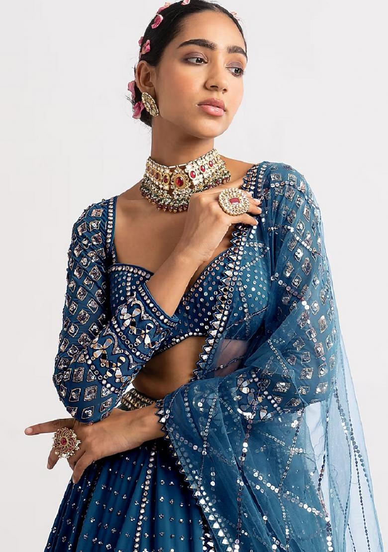 Teal Blue Embroidery Georgette Lehenga Set - Indya