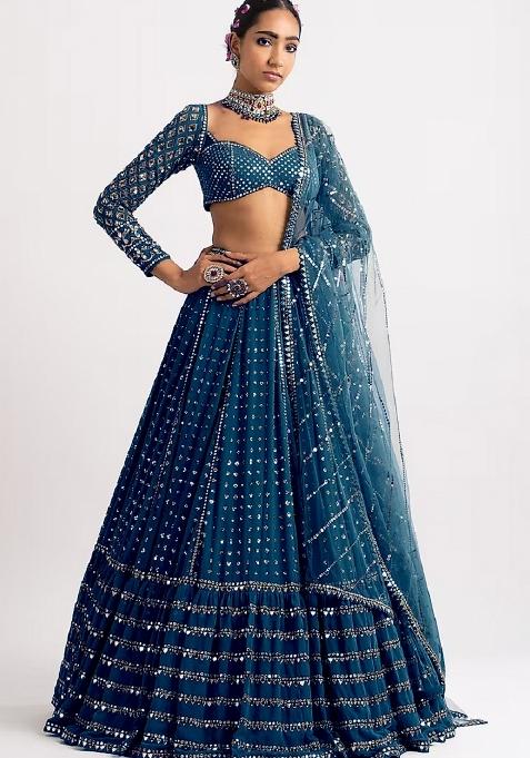 Teal Blue Embroidery Georgette Lehenga Set