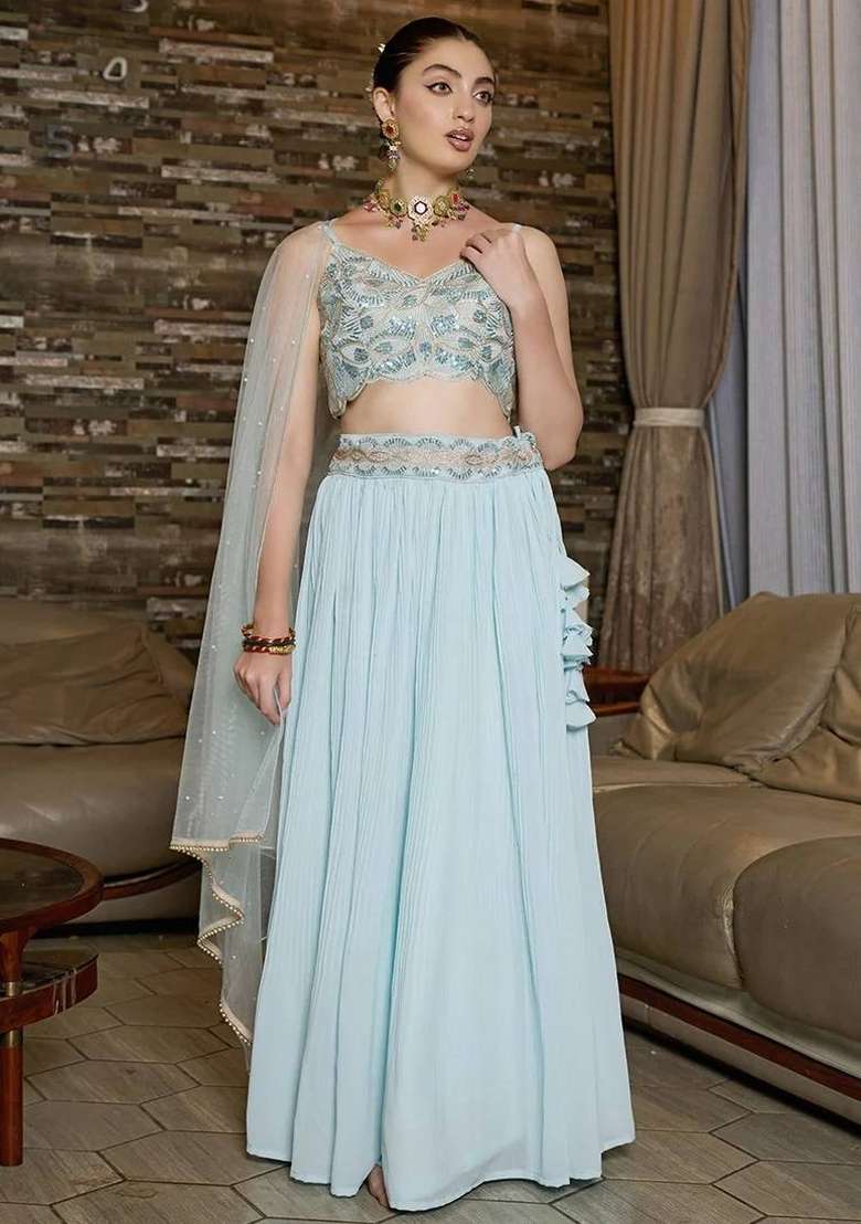 Turquoise Embroidery Georgette Lehenga Set for Diwali and Festive Wear - Indya