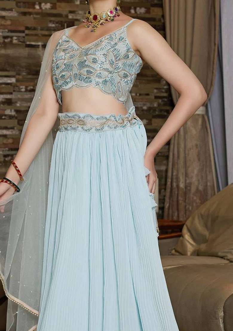 Turquoise Embroidery Georgette Lehenga Set for Diwali and Festive Wear - Indya