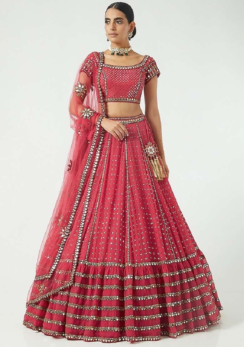 Red Georgette Lehenga Set with Embroidery for Diwali | Wedding & Festive Wear - Indya