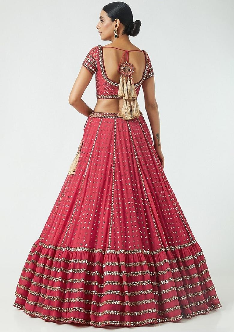 Red Embroidery Georgette Lehenga Set - Indya