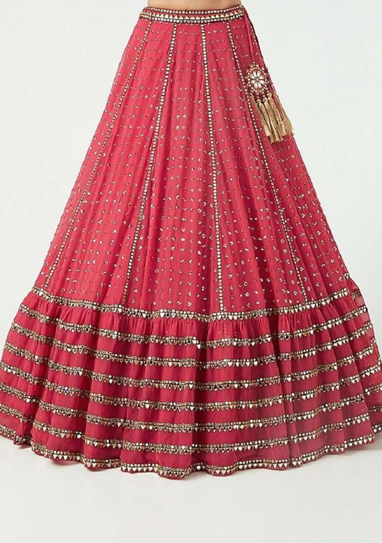 Red Georgette Lehenga Set with Embroidery for Diwali | Wedding & Festive Wear - Indya