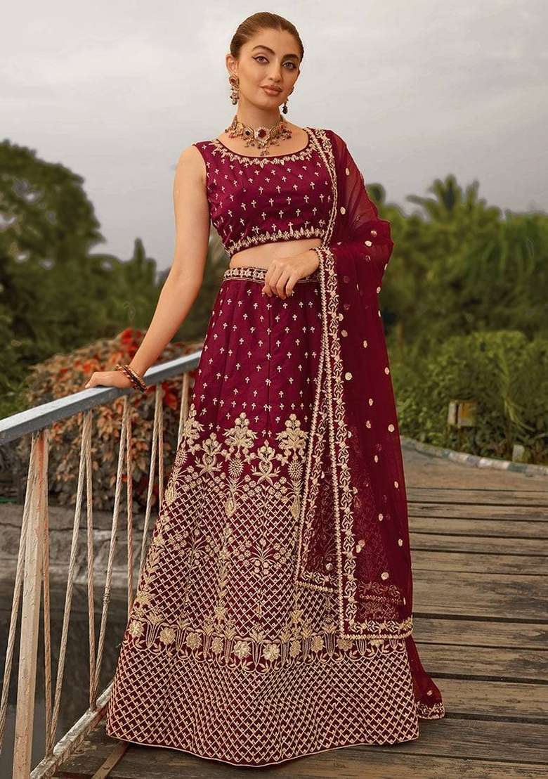 Maroon Embroidery Silk Blend Lehenga Set for Diwali and Festive Wear - Indya