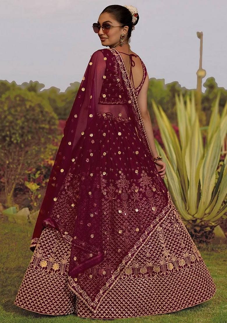 Maroon Embroidery Silk Lehenga Set - Indya