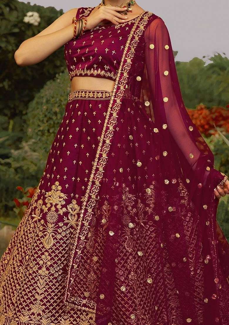 Maroon Embroidery Silk Blend Lehenga Set for Diwali and Festive Wear - Indya