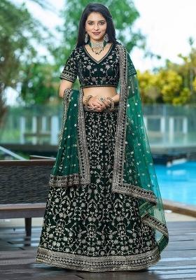 Green Embroidery Velvet Lehenga Set