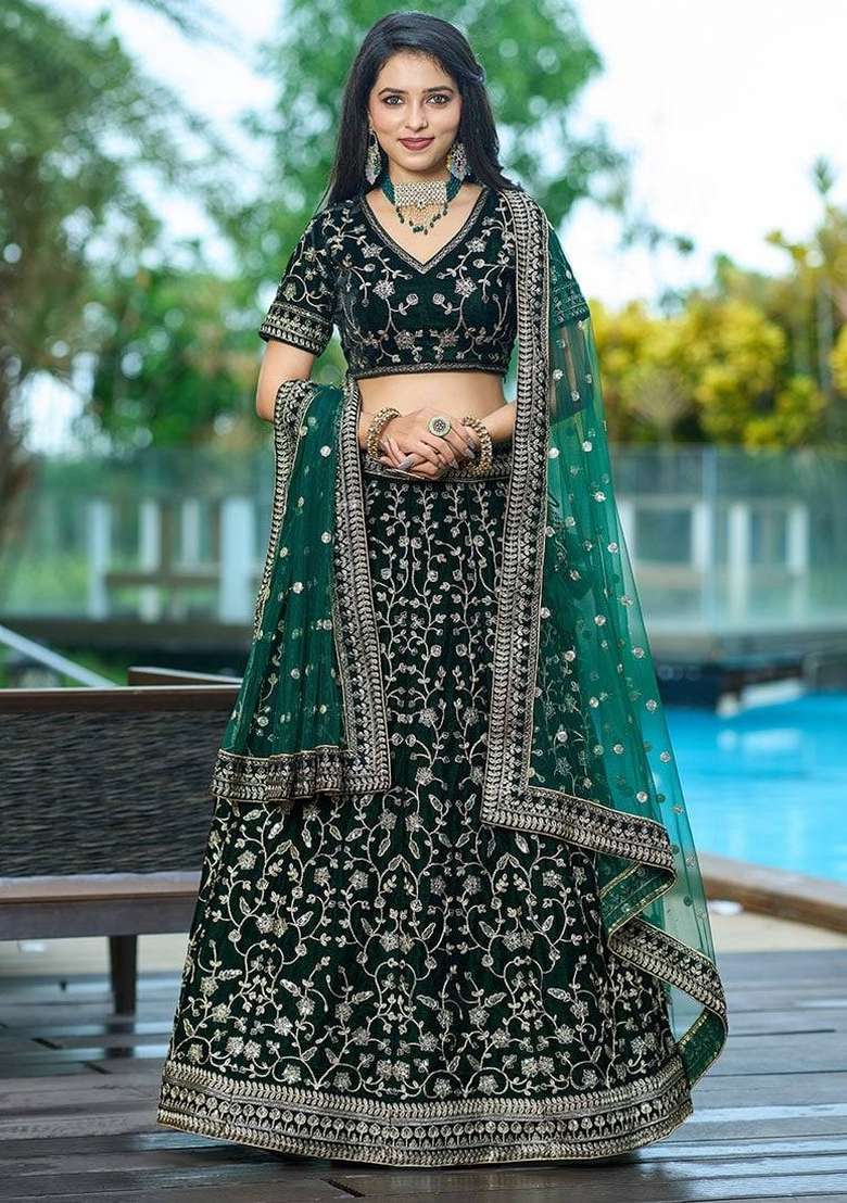 Green Velvet Lehenga Set with Embroidery for Diwali | Wedding & Festive Wear - Indya