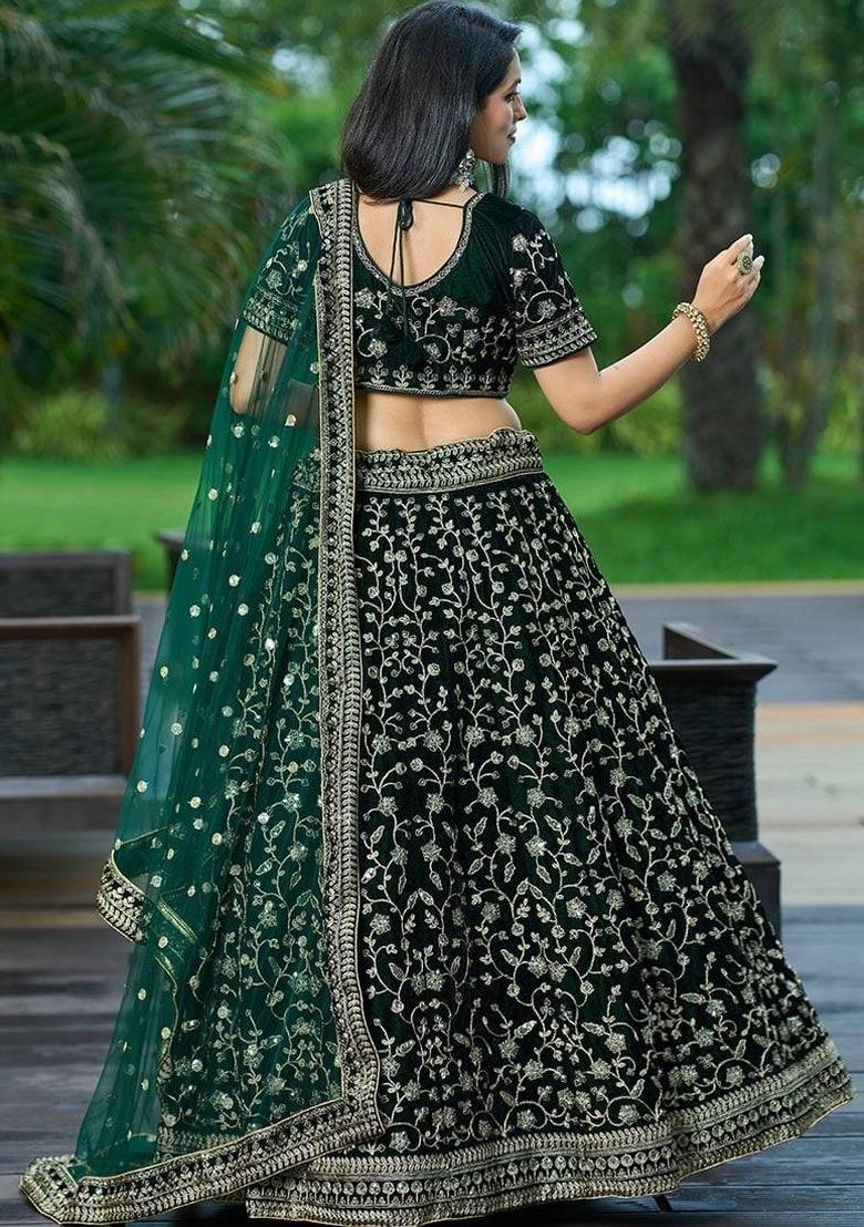 Green Embroidery Velvet Lehenga Set - Indya