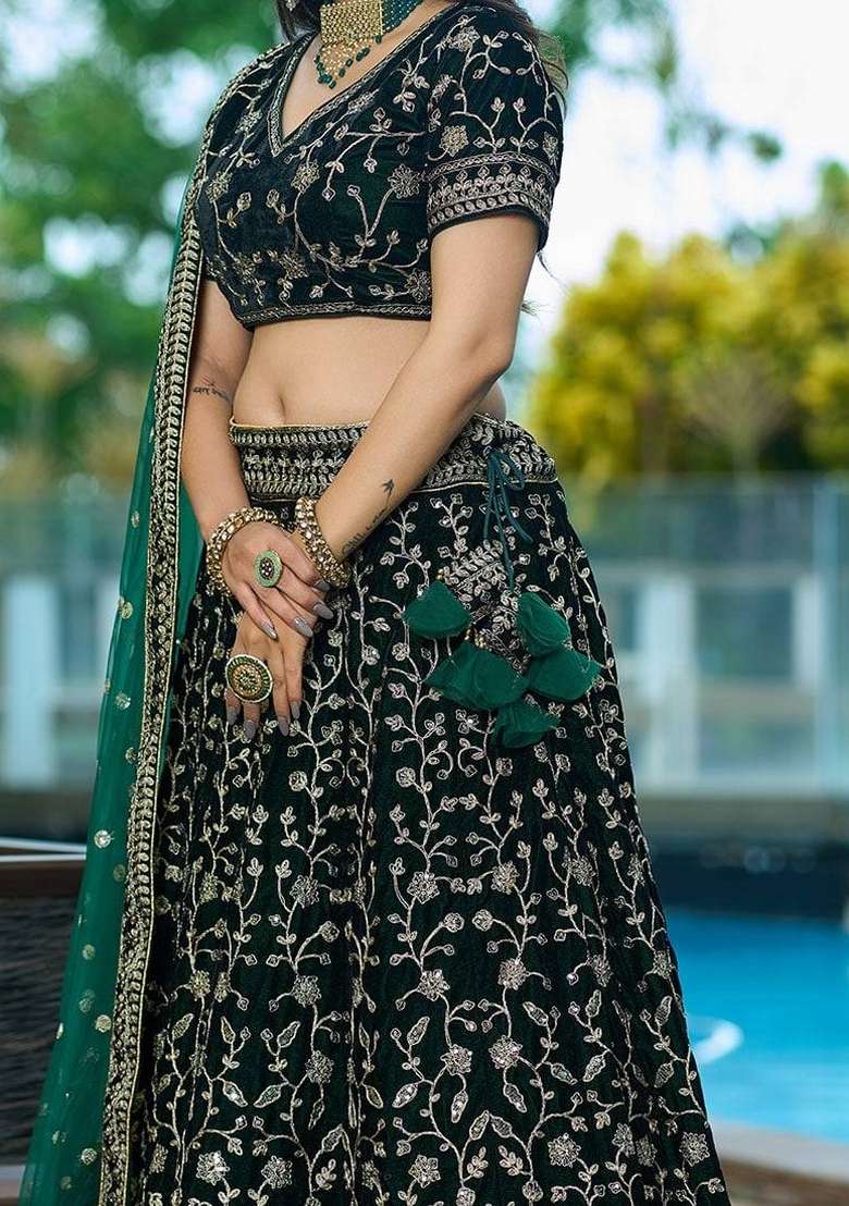 Green Velvet Lehenga Set with Embroidery for Diwali | Wedding & Festive Wear - Indya