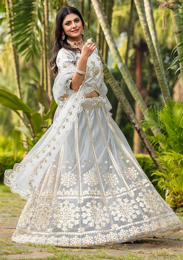 Grey Embroidery Net Lehenga Set for Diwali and Festive Wear - Indya
