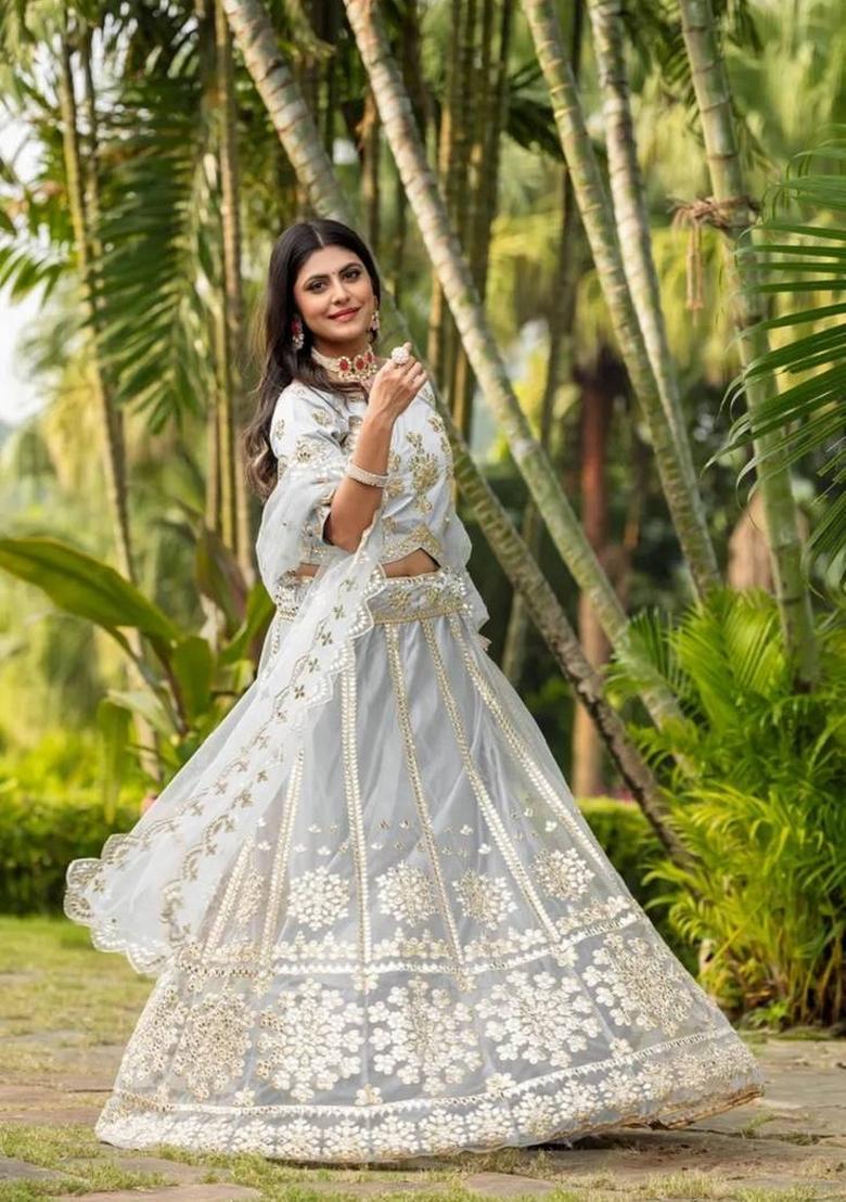 Grey Embroidery Net Lehenga Set - Indya