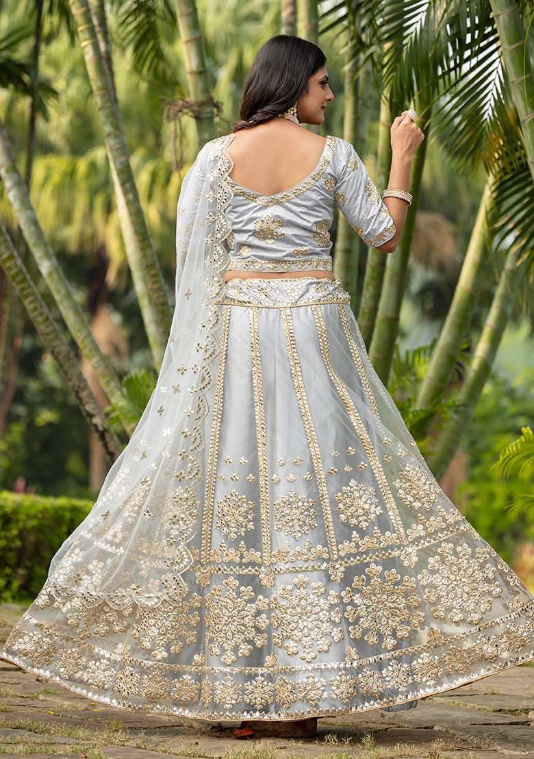 Grey Embroidery Net Lehenga Set for Diwali and Festive Wear - Indya