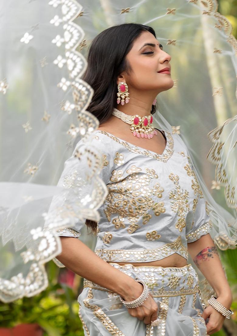 Grey Embroidery Net Lehenga Set - Indya
