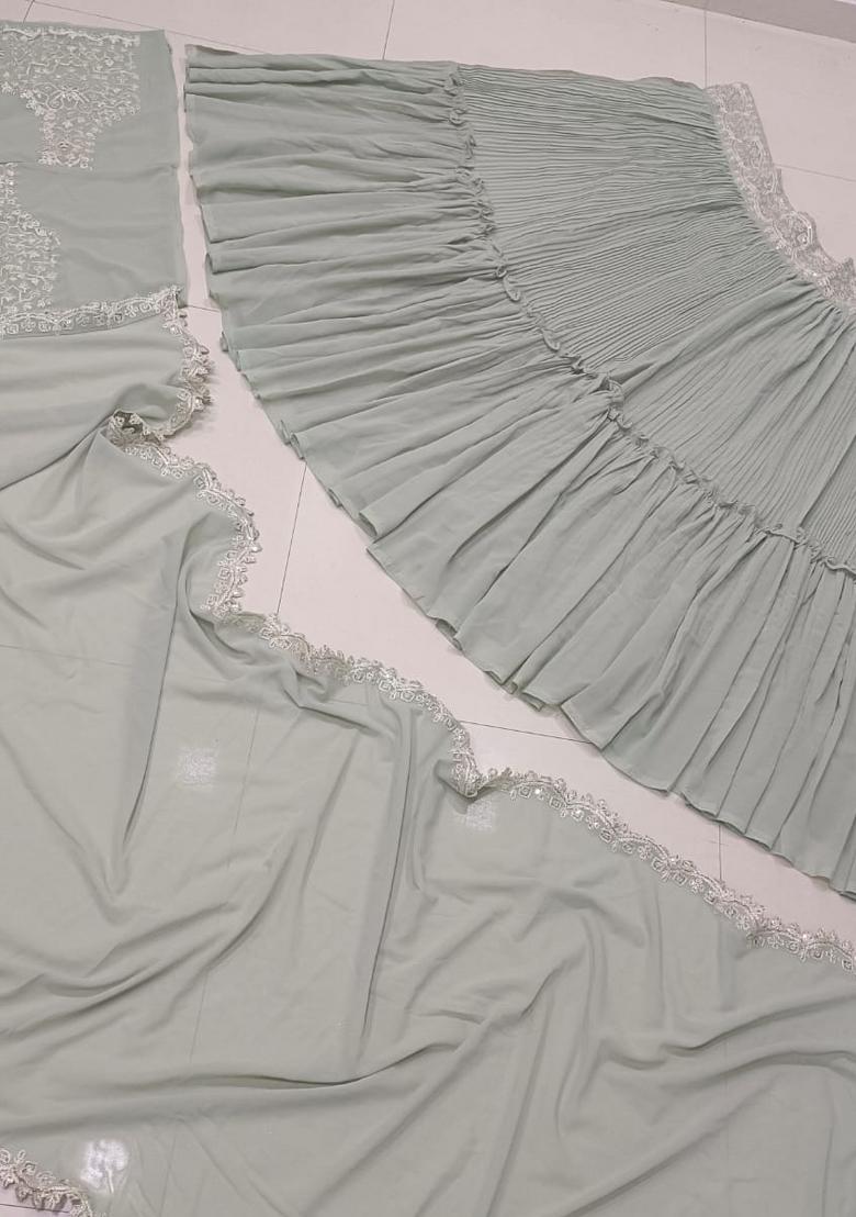 Sea Green Embroidery Georgette Lehenga Set - Indya