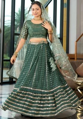 Bottle Green Embroidery Georgette Lehenga Set