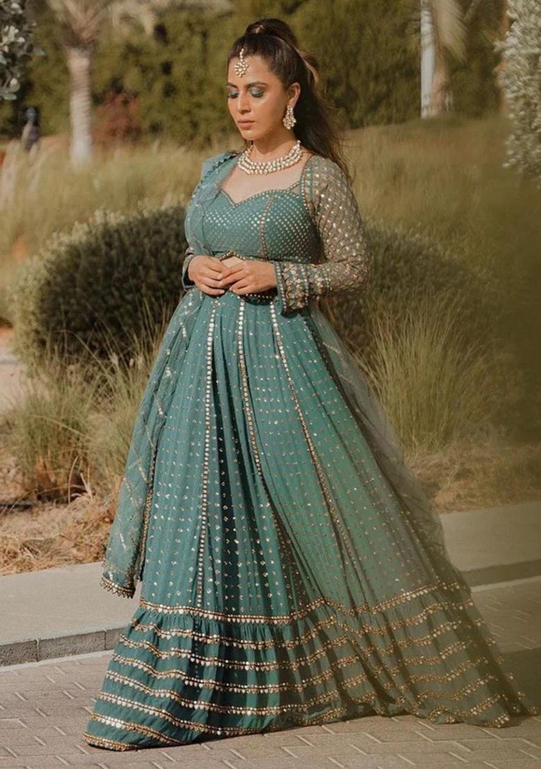 Bottle Green Embroidery Georgette Lehenga Set - Indya