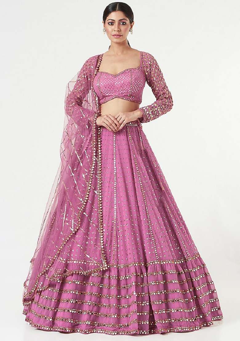 Baby Pink Georgette Lehenga Set with Embroidery for Diwali | Wedding & Festive Wear - Indya