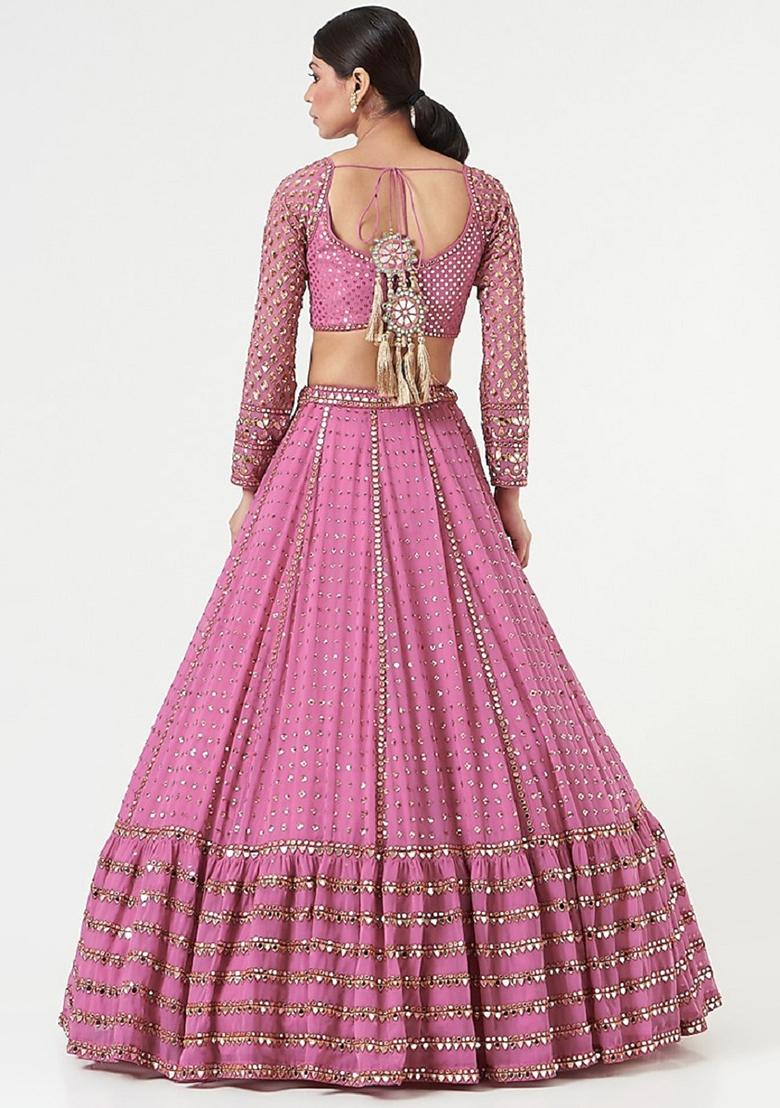 Baby Pink Embroidery Georgette Lehenga Set - Indya