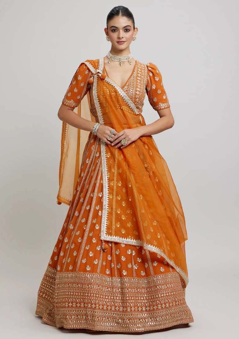 Orange Embroidery Georgette Lehenga Set for Diwali and Festive Wear - Indya