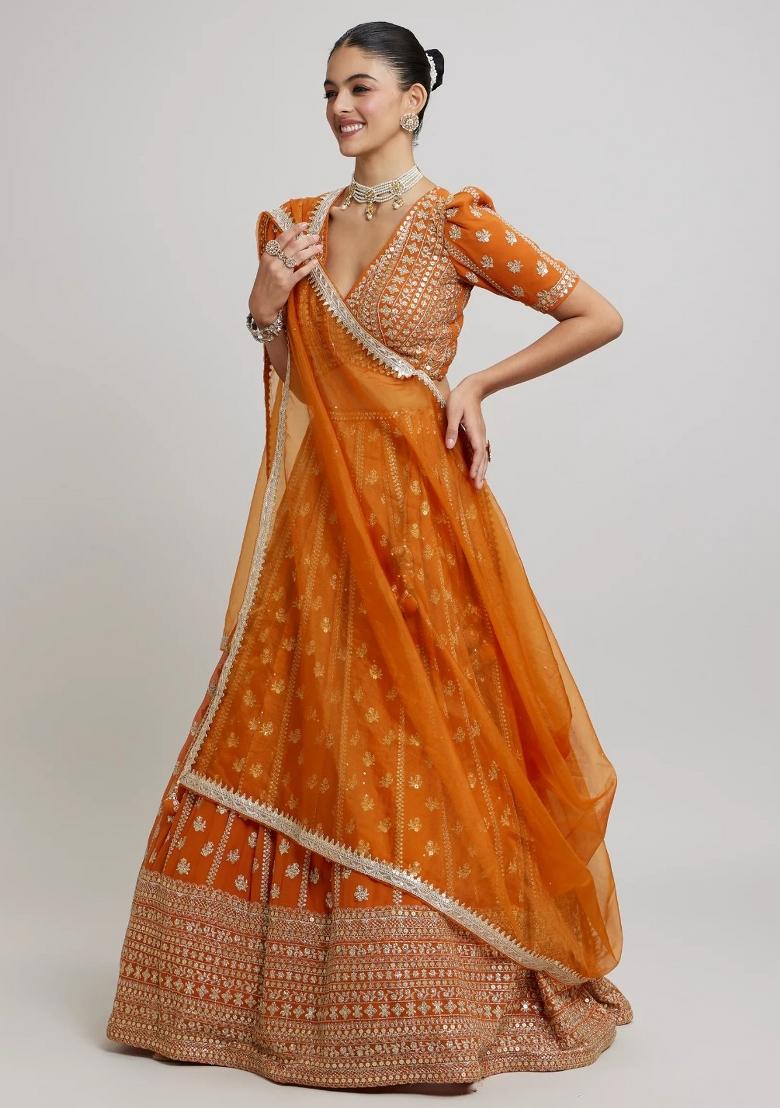 Orange Embroidery Georgette Lehenga Set - Indya