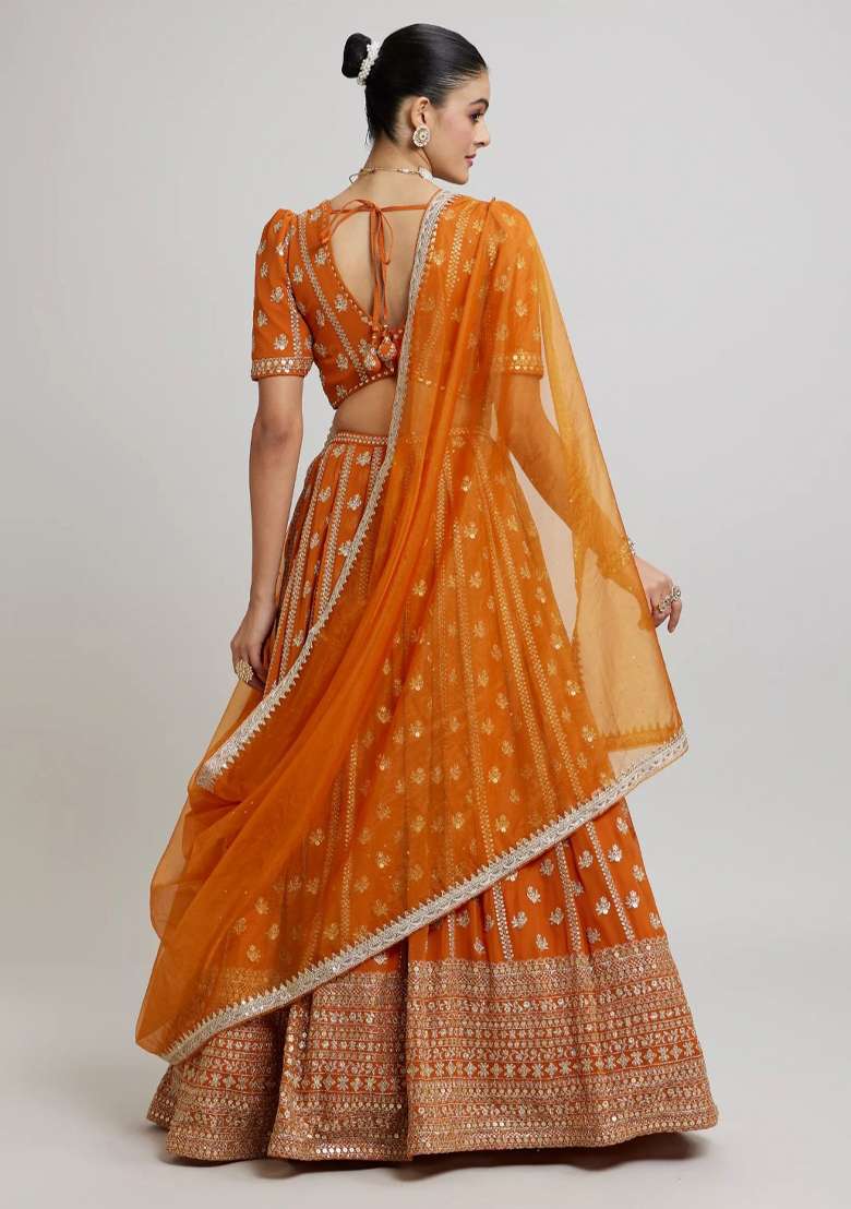 Orange Embroidery Georgette Lehenga Set for Diwali and Festive Wear - Indya