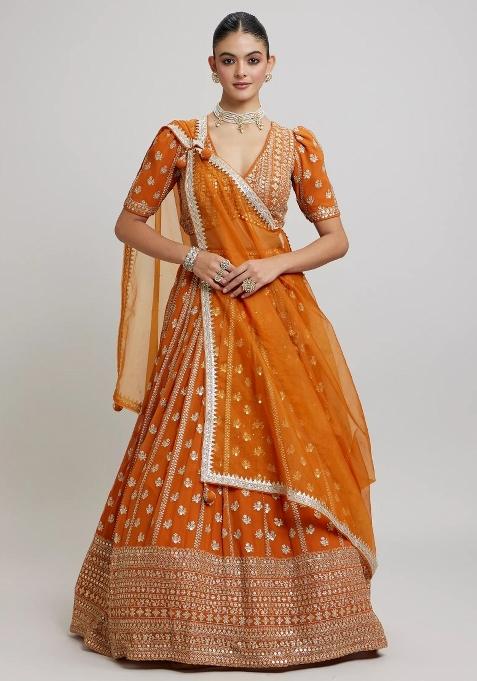 Orange Embroidery Georgette Lehenga Set