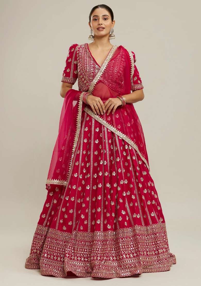 Pink Georgette Lehenga Set with Embroidery for Diwali | Wedding & Festive Wear - Indya